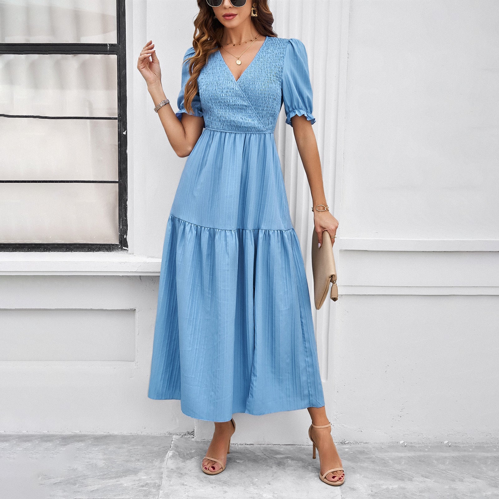Damen Maxikleid mit hohem Schlitz und Puffärmeln R&B
