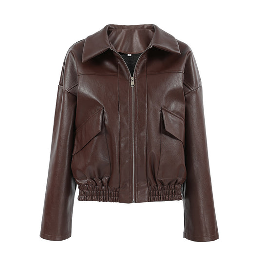 Damen Kunstlederjacke im leicht Oversized-Schnitt mit praktischen Taschen und elastischer Taille R&B