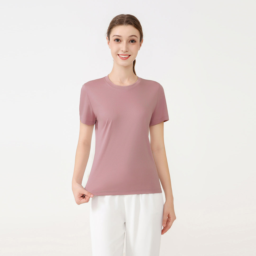 Damen klassisches Rundhals Baumwoll T-Shirt mit kurzem Arm und figurfreundlichem Schnitt R&B