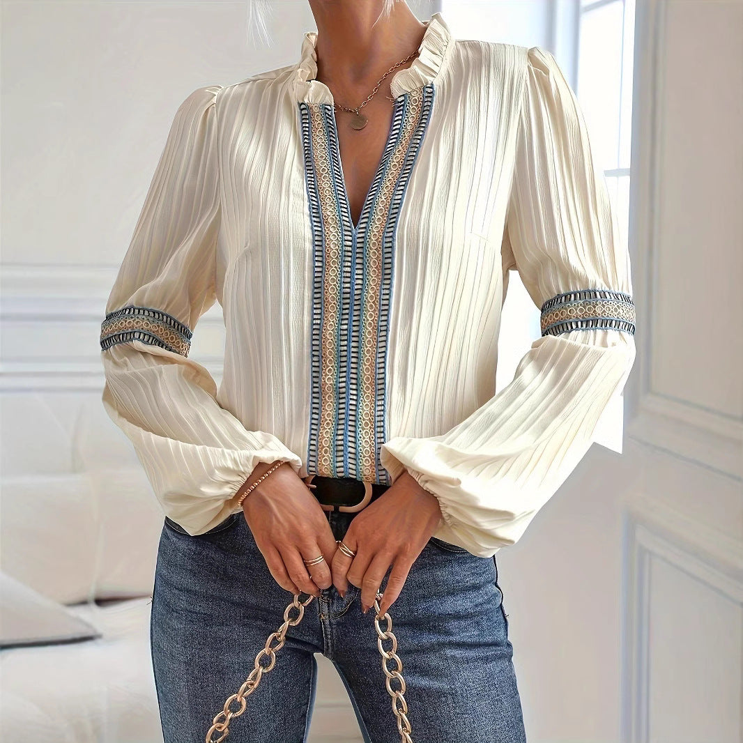 Damen elegante Bluse mit Rüschendetails und Stickereien R&B