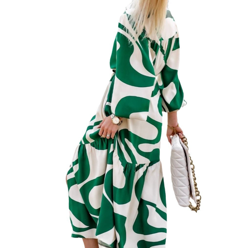 Damen Langarm Hemdblusenkleid mit modischem Muster und Taillengürtel R&B