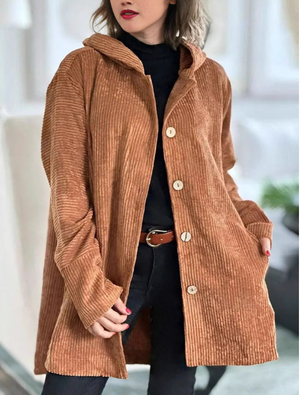 Damen lässige und gemütliche Cordjacke mit Kapuze R&B