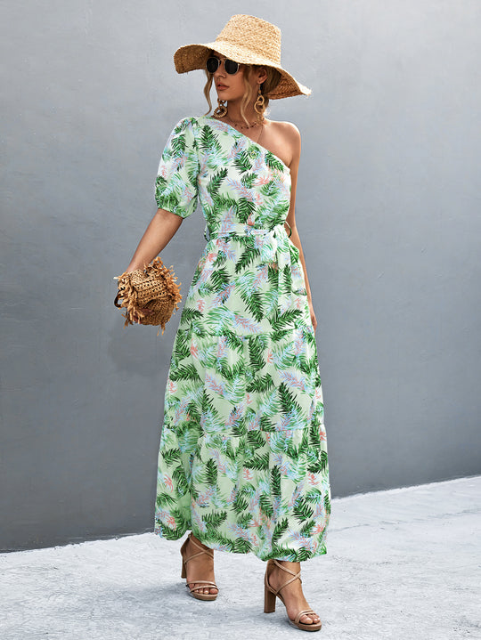 Damen Maxikleid mit asymmetrischem Schnitt und einzigartigem Palmblätterdruck R&B