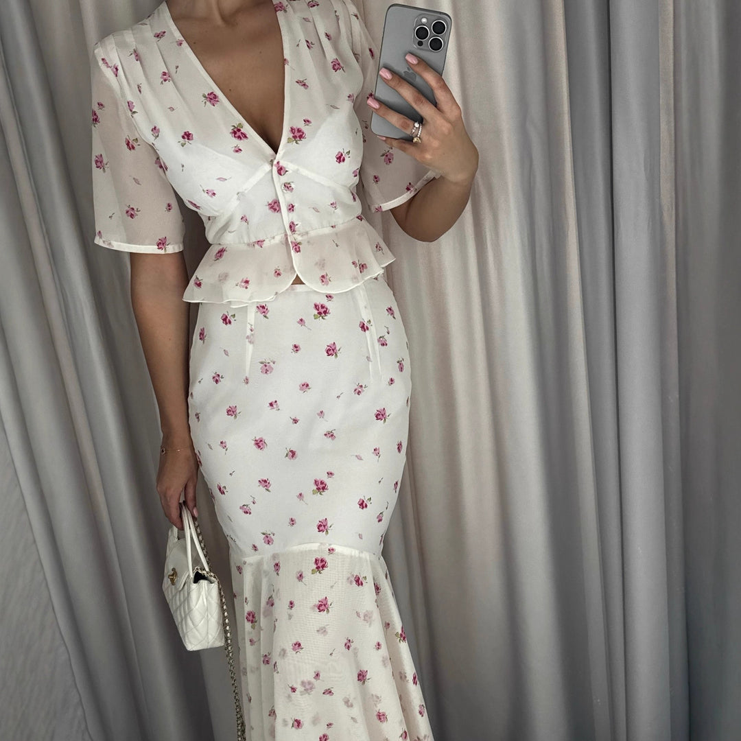 Damen Elegantes Maxikleid mit Puffärmeln und Rüschen R&B