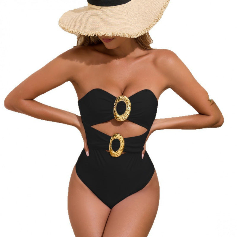 Damen Einteiliger Badeanzug mit modernen Cut-Outs und goldenen Akzenten R&B