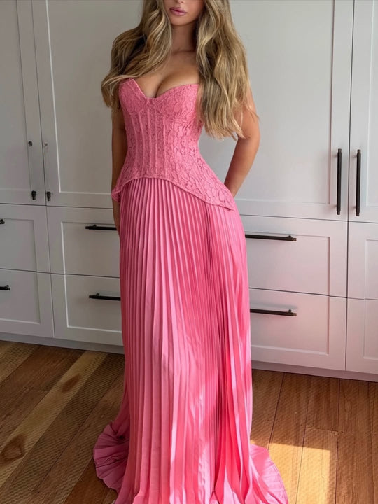 Damen nan Neckholder-Korsettkleid mit Spitzen-Corsage und fließendem Plisseerock R&B