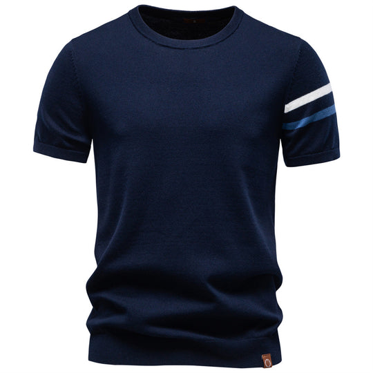 Herren nan feines Baumwollstrickshirt mit Rundhalsausschnitt kurzärmelig und kontrastierenden Ärmelstreifen R&B