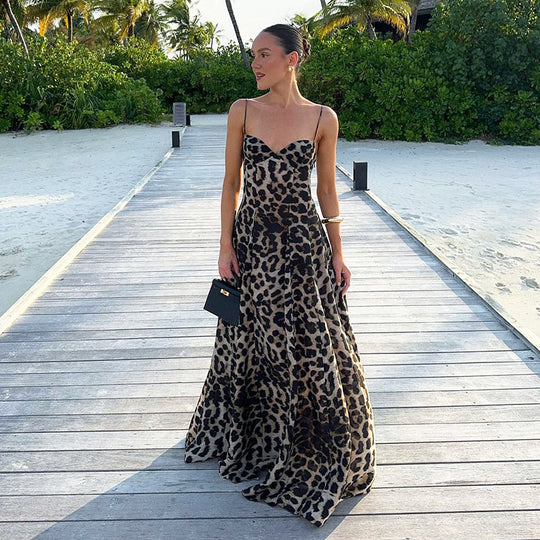 Damen Maxikleid mit figurbetontem Schnitt und floralem Leopardenmuster R&B