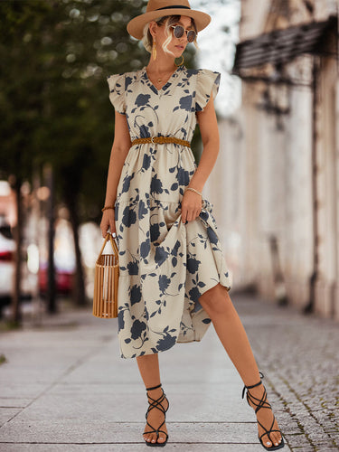 Damen Midi-Kleid mit floralen Rüschendetails und elastischem Taillengürtel R&B