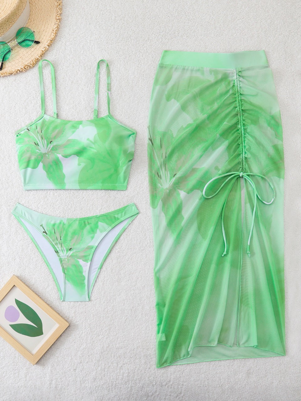 Damen Bikini-Set mit floralem Balconette-Oberteil und transparentem Wickelrock R&B