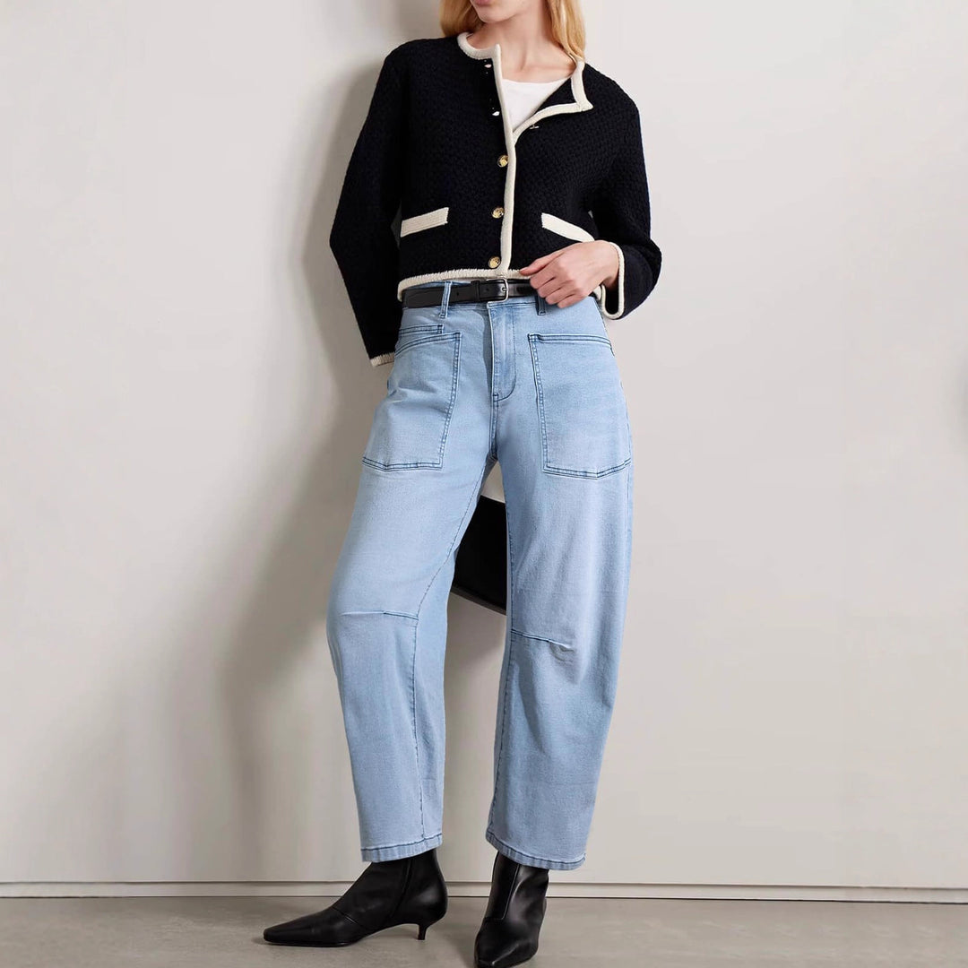 Damen Weite Denim-Hose mit hohem Bund und Taschen