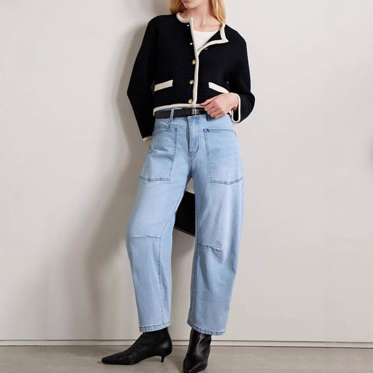Damen Weite Denim-Hose mit hohem Bund und Taschen