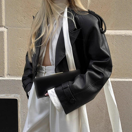 Damen Oversized Kunstlederjacke mit übergroßem Kragen und dekorativen Bindebändern R&B
