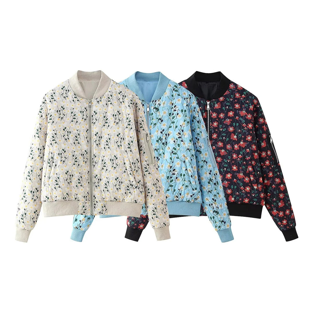 Damen stylische Bomberjacke mit floralen Mustern und elastischen Bündchen R&B
