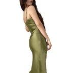 Damen modernes Satin-Midi-Kleid mit elegantem Wasserfallausschnitt und seitlichem Schlitz R&B