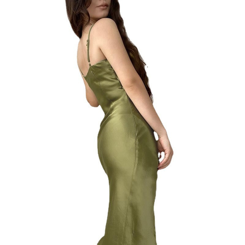 Damen modernes Satin-Midi-Kleid mit elegantem Wasserfallausschnitt und seitlichem Schlitz R&B