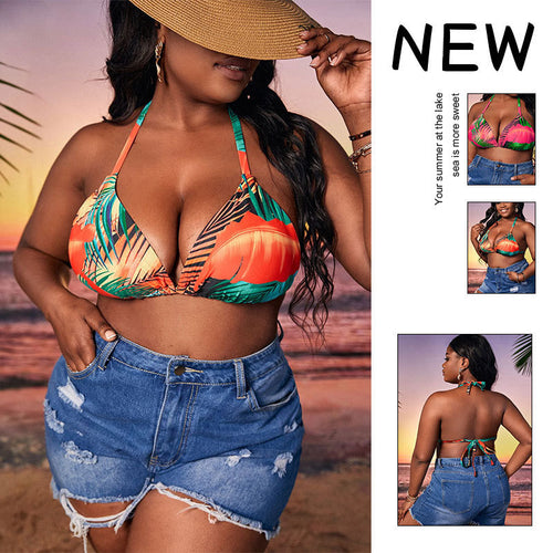 Damen Triangel-Bikini mit tropischem Blattmuster und bindenbaren Trägern R&B