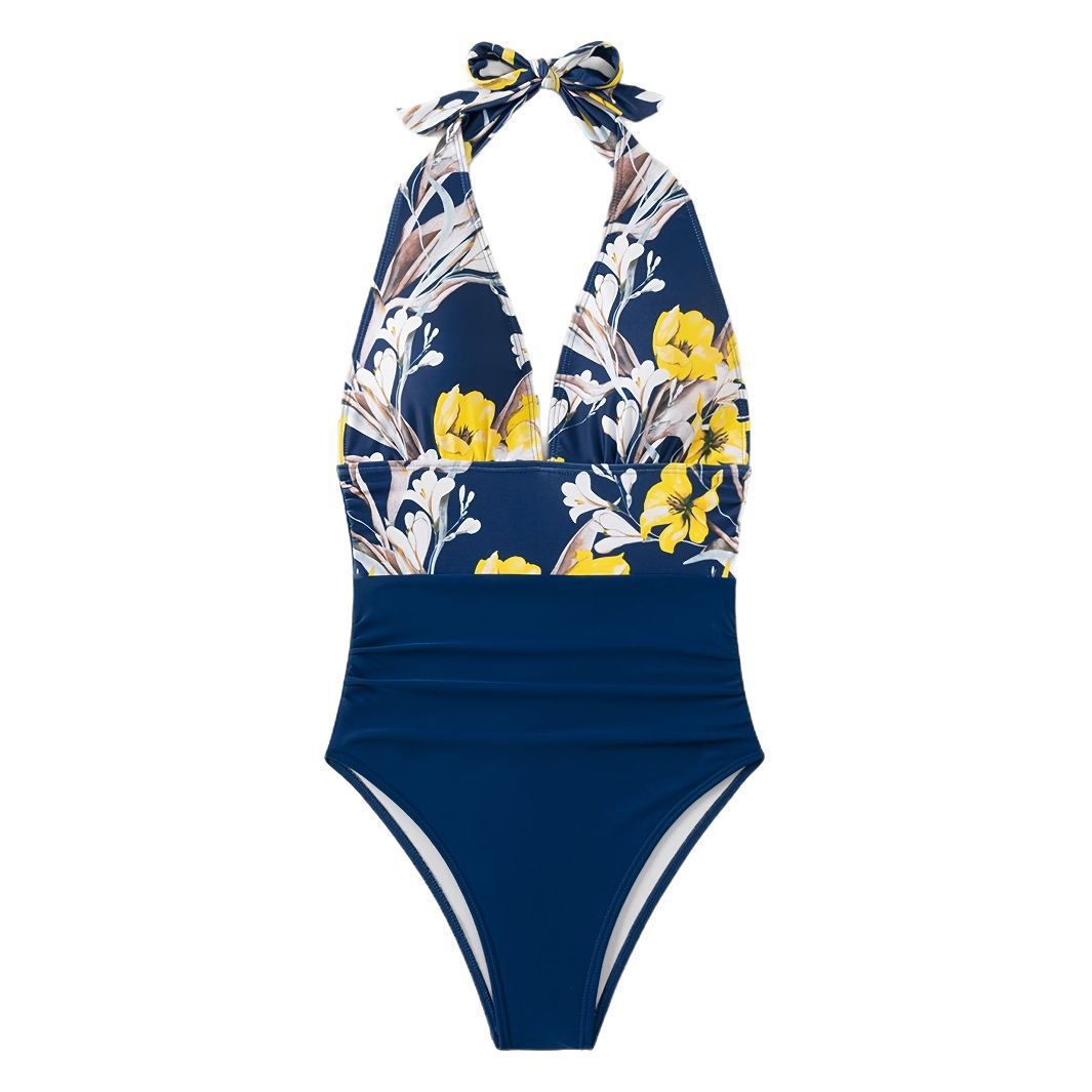 Damen Einteiliger Badeanzug mit floralem Design und Langen BindR&Bändern R&B