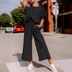 Damen lässiges Jumpsuit-Set aus weichem Material mit elastischem Bund und weit geschnittenen Beinen