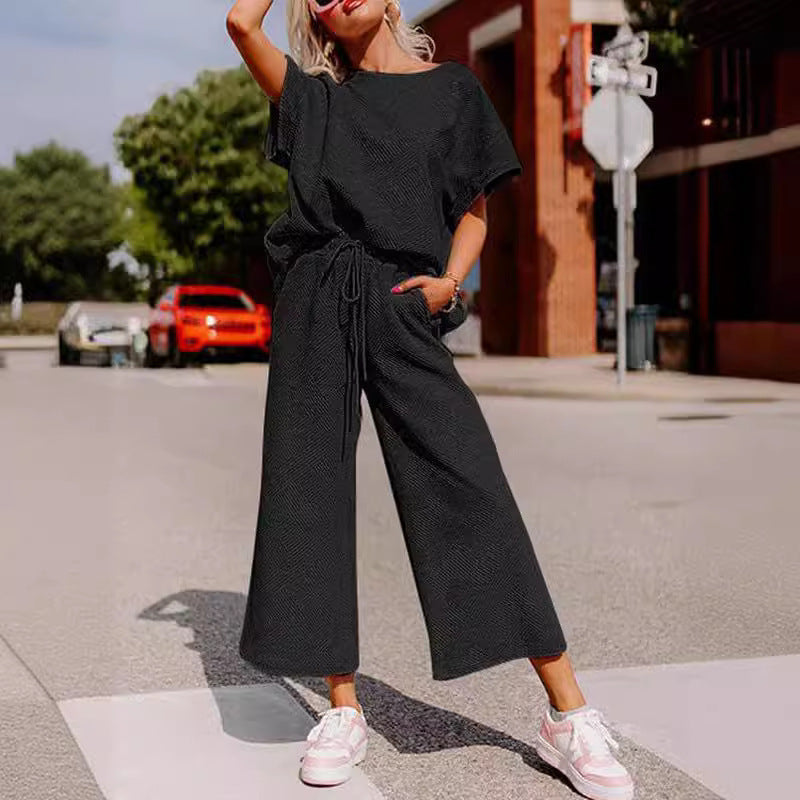 Damen lässiges Jumpsuit-Set aus weichem Material mit elastischem Bund und weit geschnittenen Beinen