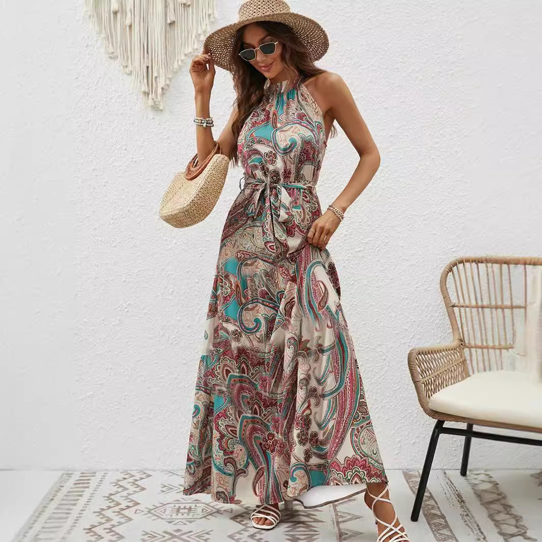 Damen Maxikleid Im Boho-Stil mit Hohem Kragen und Bindegürtel R&B