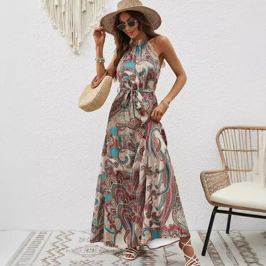 Damen Maxikleid Im Boho-Stil mit Hohem Kragen und Bindegürtel R&B