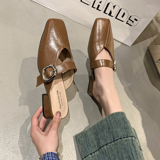 Damen elegante Mules mit quadratischer Zehenpartie und modischen Schnallenakzenten R&B
