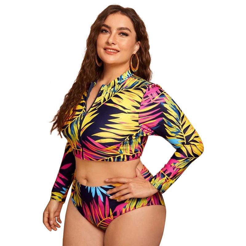 Damen Surf-Bikini-Set mit langärmligem Oberteil und buntem Palmendruck R&B