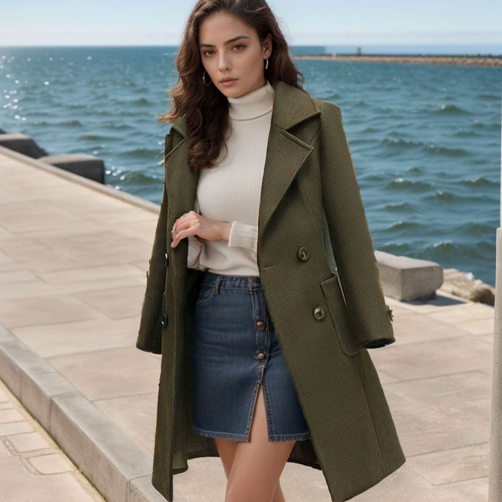 Damen modischer oversize Wolltrenchcoat mit doppelter Knopfleiste R&B