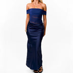 Damen elegantes schulterfreies Abendkleid mit figurformender Raffung und Satin-Finish EB