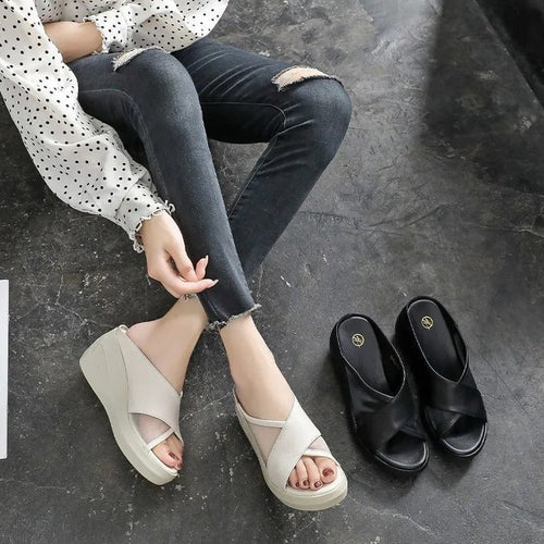 Damen nan Plateau-Pantoletten mit Keilabsatz und atmungsaktivem Netz-Obermaterial R&B