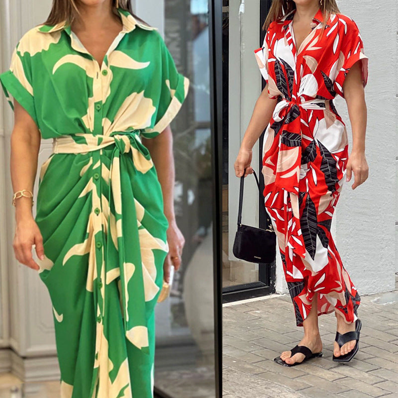 Damen Wickelkleid mit buntem Blattmuster und modischem Taillengürtel R&B
