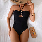 Damen Eleganter Einteiler Badeanzug mit modischem Cut-Out und goldenen Akzenten R&B