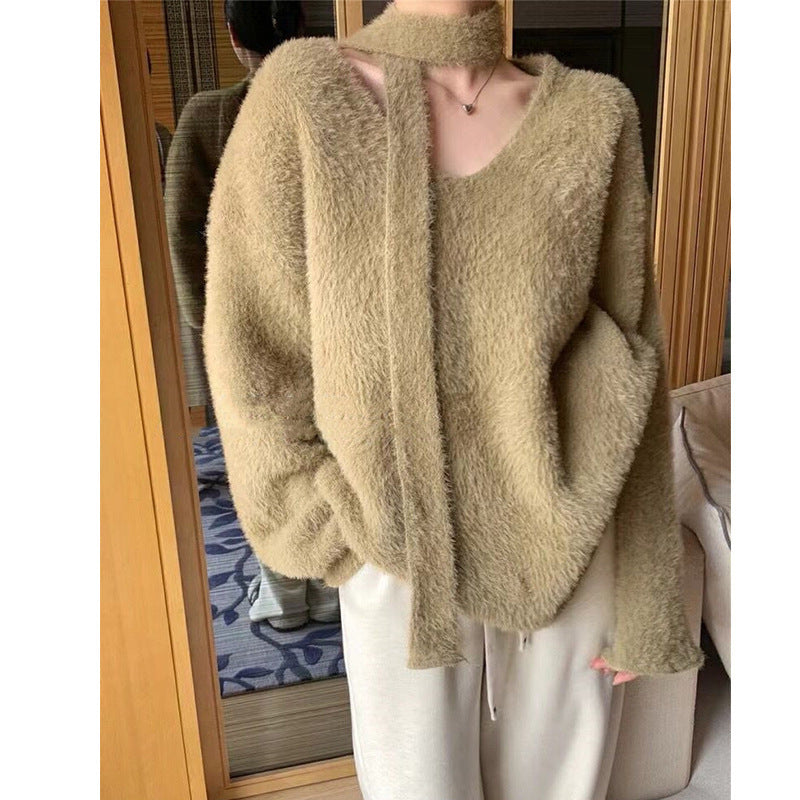 Damen Grobstrickpullover mit tiefem V-Ausschnitt und schicker Banddetails R&B