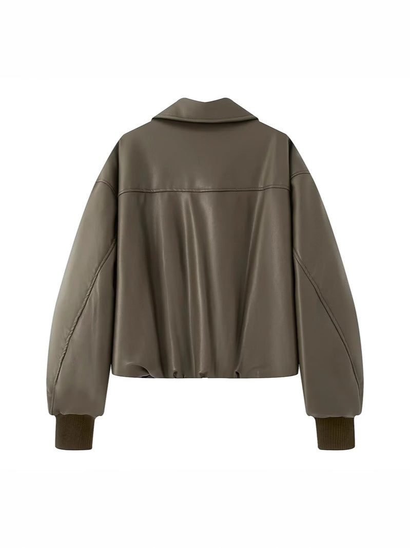 Damen lässige Kunstlederjacke mit voluminösem Schnitt und praktischen Taschen R&B