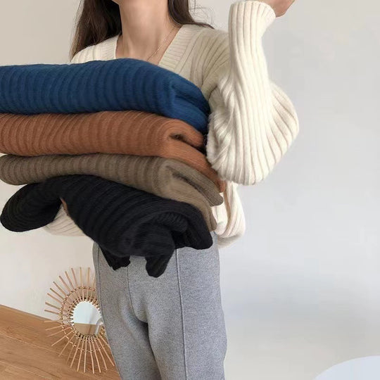 Damen Viskose-Strickpullover mit V-Ausschnitt und geripptem Design R&B