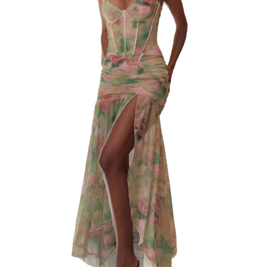 Damen Maxikleid mit fließendem Rüschendesign und floralem Muster R&B