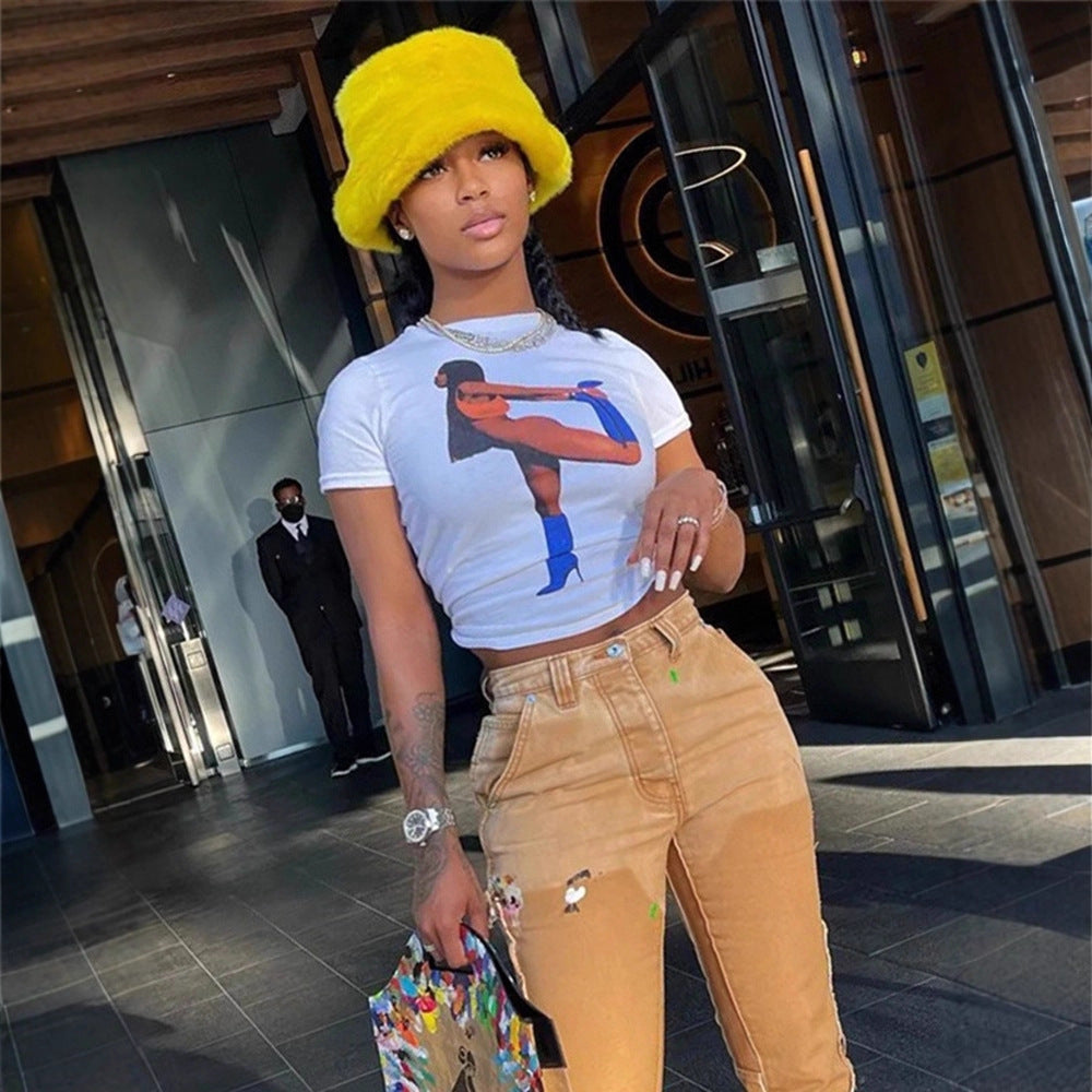 Damen Crop T-Shirt mit auffälligem Grafikdruck R&B