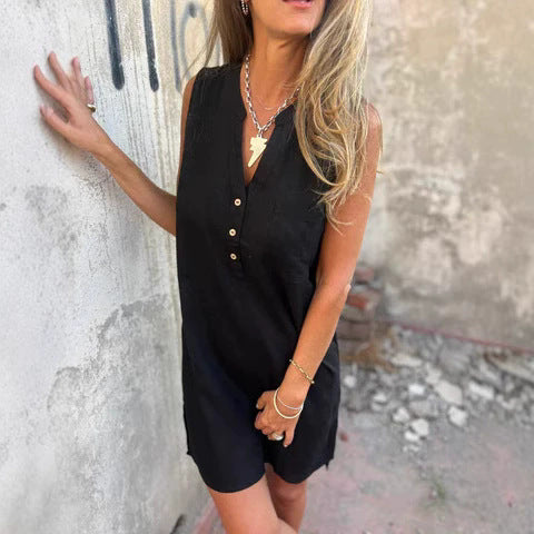 Damen lässiges Leinenhemdkleid mit Knopfleiste und seitlichen Schlitzen R&B