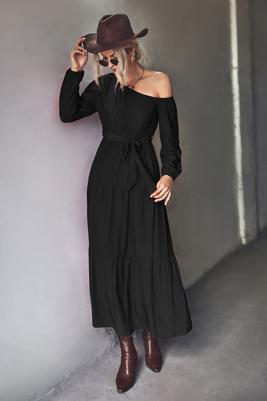 Damen Langarm Maxikleid mit asymmetrischem Schnitt und tailliertem Gürtel R&B