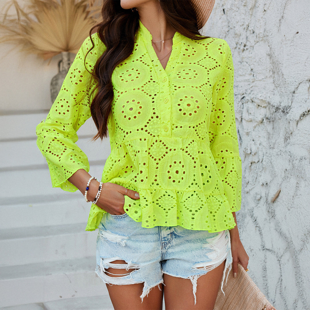 Damen Bluse mit Lochmuster und ausgestellten Ärmeln R&B