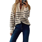 Damen Strickpullover mit halbem Reißverschluss und Streifenmuster R&B