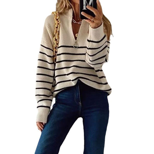 Damen Strickpullover mit halbem Reißverschluss und Streifenmuster R&B