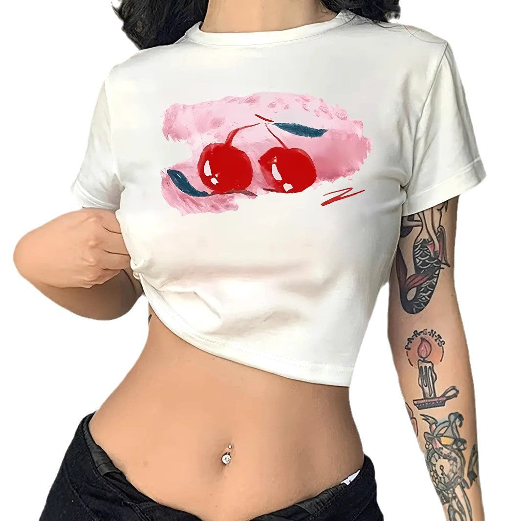Damen Crop-T-Shirt mit fröhlichem Kirschmotiv und kurzem Schnitt R&B