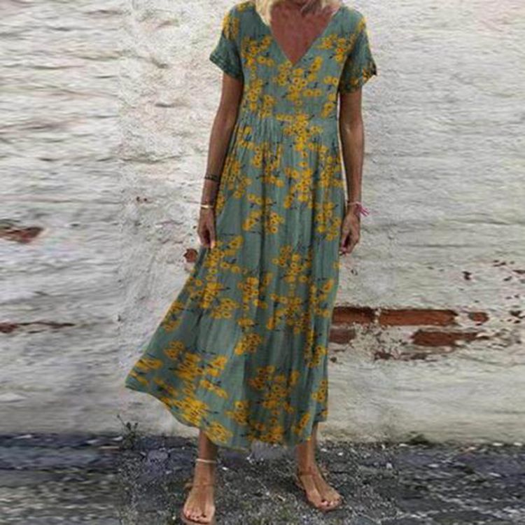 Damen nan V-Ausschnitt-Maxikleid mit feinem Faltenrock, Empire-Passe und Kurzarm R&B