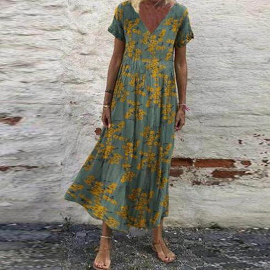 Damen nan V-Ausschnitt-Maxikleid mit feinem Faltenrock, Empire-Passe und Kurzarm R&B