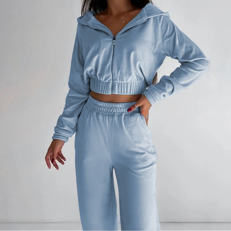Damen sportliches Fleece Lounge-Set mit kurzem Schnitt und elastischem Bund R&B