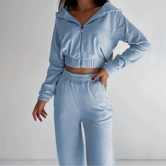 Damen sportliches Fleece Lounge-Set mit kurzem Schnitt und elastischem Bund R&B