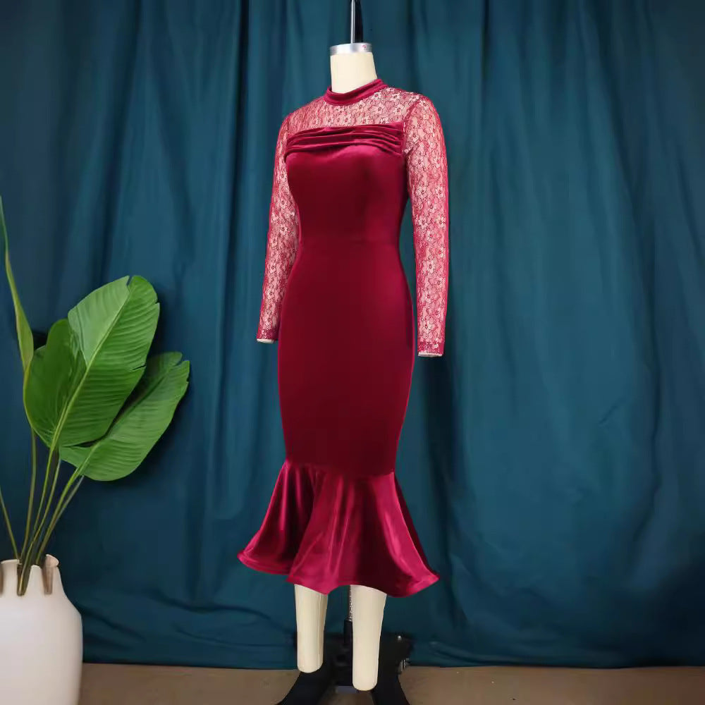 Damen Elegant Fit-and-Flare Kleid mit Spitzenärmeln R&B