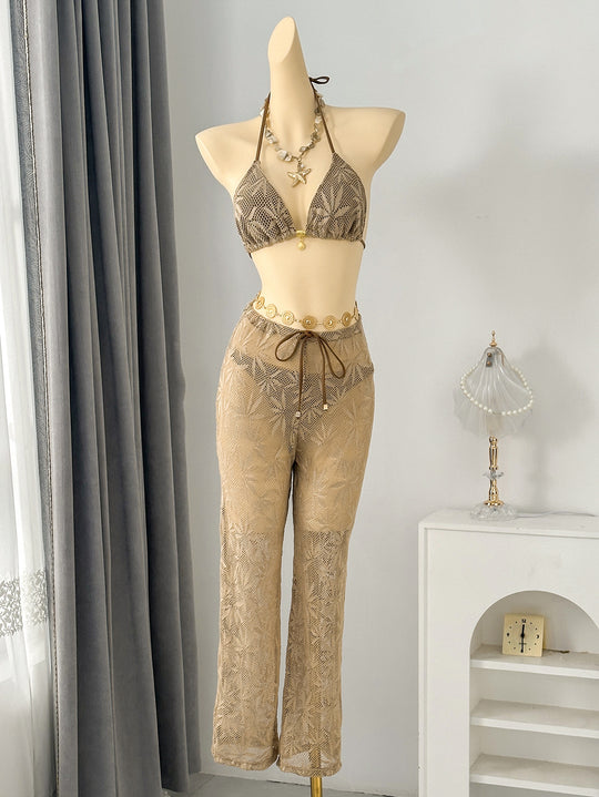 Damen Netz-Bikini-Set mit elegantem Oberteil und transparenten Palazzohosen R&B
